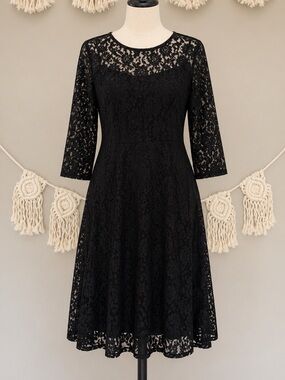 Casa Donna Elegant Black Stretch Lace Long Sleeve Dress